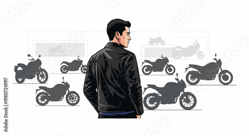 Man in leather jacket looks at array of motorcycle silhouettes