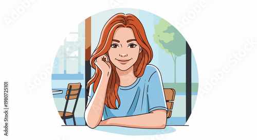 Young woman with red hair, smiling, resting chin on hand, indoors