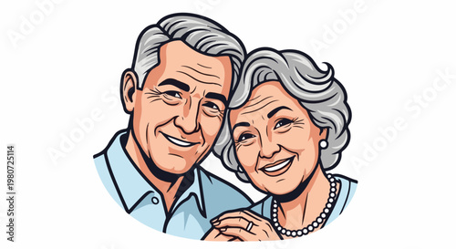 Happy elderly couple smiling, close up, comic style