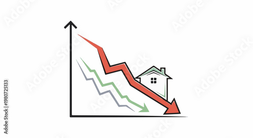 A graph depicts falling housing market trends with red and green arrows