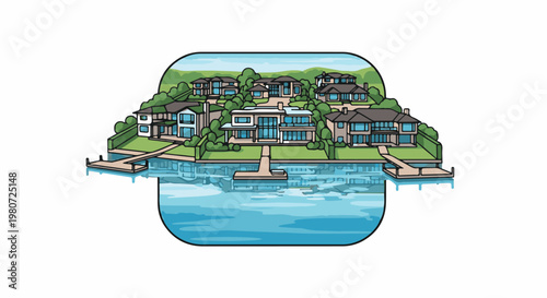 Riverside luxury homes with docks on calm, reflective water