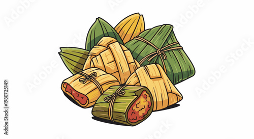 A pile of bundled food items wrapped in leaves and tied with string