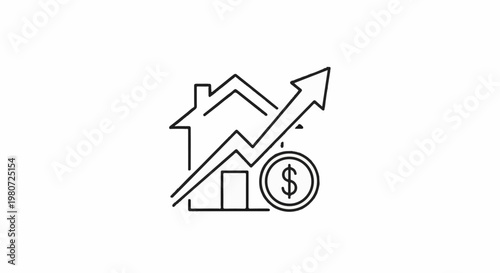 A simplistic line drawing depicts a house with an upward trending graph and a coin