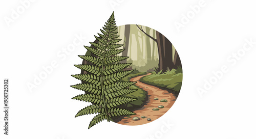A fern frond in foreground of a forest path winding through trees