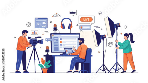 Live Streaming Studio: A vibrant illustration shows a live streaming studio in action, with a diverse crew engaged in content creation, from filming and audio to monitoring and lighting