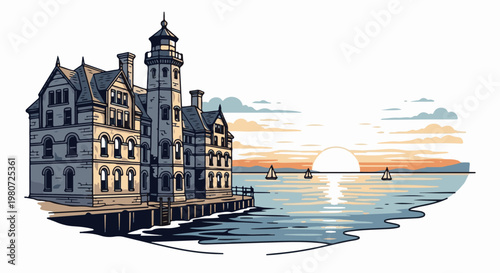 Historic stone building with lighthouse overlooks calm sea at sunset with sailboats