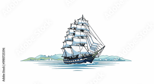 A tall ship with full sails glides across a blue sea toward a distant, stylized coastline