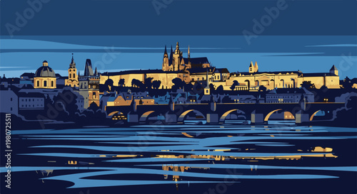 Pixelated cityscape at dusk with a river reflecting golden lights