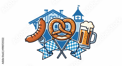 Bavarian feast with pretzel, sausage, beer, and checkered flags