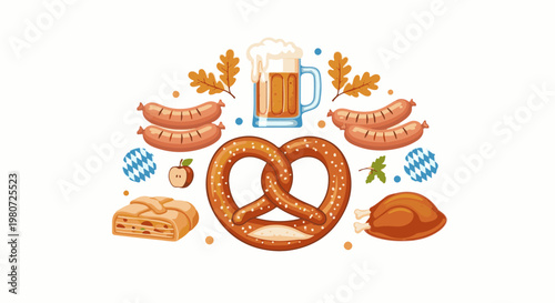 Autumn harvest bounty beer, pretzels, sausages, chicken, apple pastry & leaves