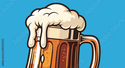 A stylized mug overflows with frothy beer against a bright blue backdrop