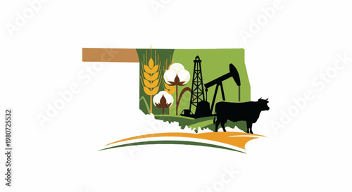 State outline featuring agriculture, industry, and livestock silhouettes