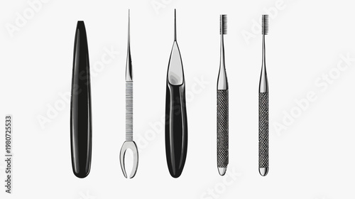 Illustration of various dental or surgical instruments with sleek, metallic designs. Tools include multiple handles and brushes