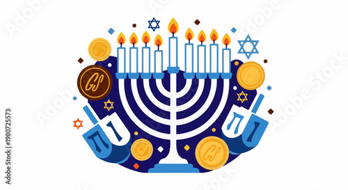 Festive Hanukkah menorah with lit candles, dreidels, and gelt coins