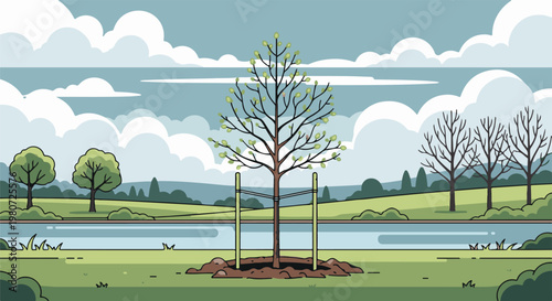 Young tree, supported by stakes, stands by a river under a cloudy sky