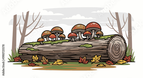 Forest floor scene with mushrooms on a mossy log and autumn leaves