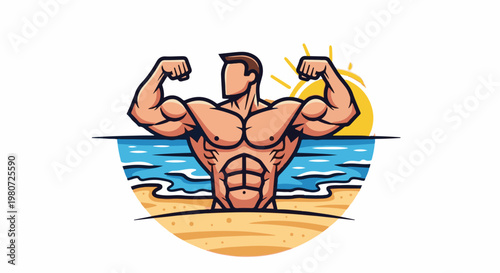 Muscular man flexing on beach with sun and ocean