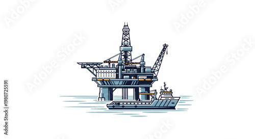 Stylized offshore drilling platform and service vessel on water