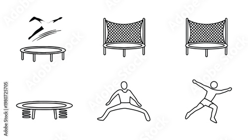 Trampoline icons set: A collection of simple, stylized icons depicts the various aspects of a trampoline, featuring its different forms and a person engaging in the act.