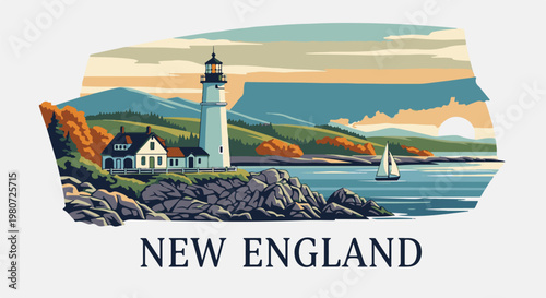 Scenic coastal view with a lighthouse, a house, and a sailboat at sunset