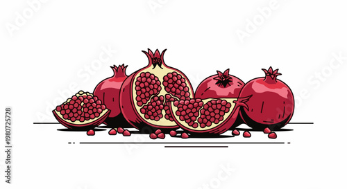 A vibrant illustration of cut and whole pomegranates with arils spilling out