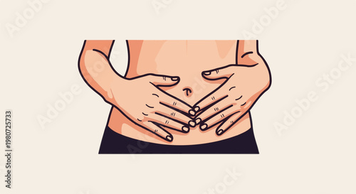 Hands cradling torso, depicting abdomen and navel