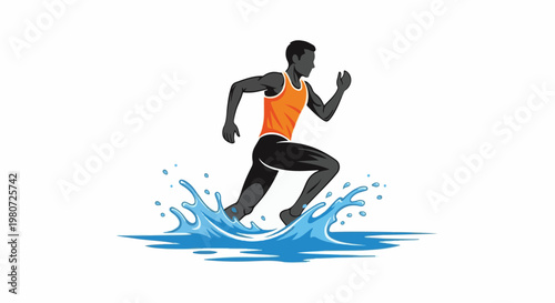 Athletic man in orange shirt and black shorts running through splashing water
