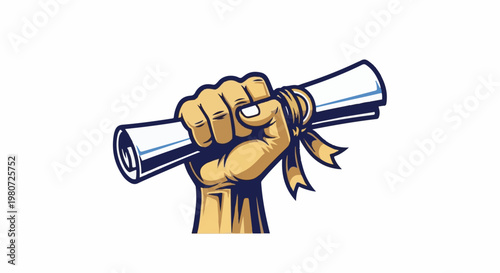 Fist holding a rolled up diploma with ribbon, triumphant