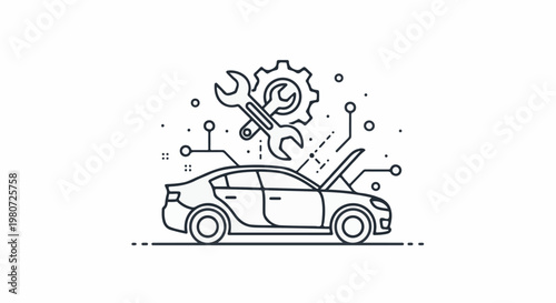 A car with its hood open, undergoing a digital diagnostic and mechanical repair process