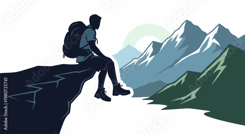 A lone hiker rests on a rocky precipice, overlooking a vast mountain range