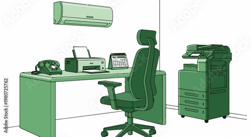 Office desk with telephone, printer, calendar, chair and copier