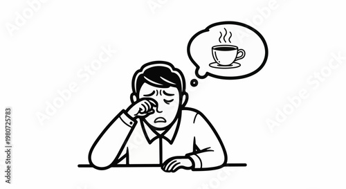 Man rubbing eyes in thought bubble of steaming coffee cup