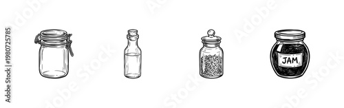Kitchen Glass Jars and Food Storage Containers with Inky Hand-Drawn Brush Strokes and Organic Calligraphic Outlines
