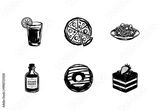 Food and Beverage Gourmet Selection including Pizza Pasta and Dessert with Hand-Drawn Inky Brushwork and Organic Textures