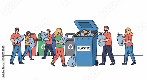 Diverse people sort and deposit plastic waste into designated recycling bins