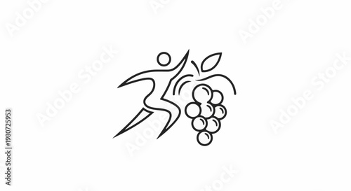 Stylized human figure reaching towards a bunch of grapes and leaves