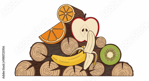 Pile of cut logs featuring a peeled banana, apple slice, orange slices, and kiwi