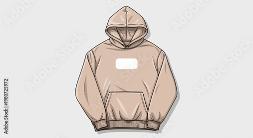 Beige hoodie with a white rectangular label on chest and large pocket