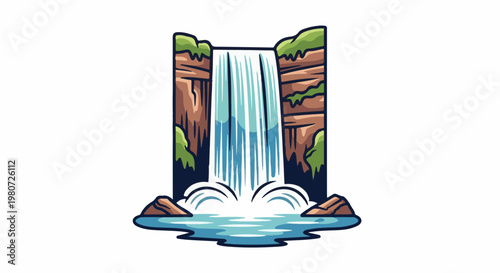 Stylized cartoon illustration of a waterfall cascading into a pool