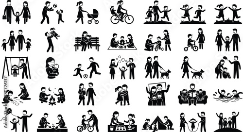 Collection of diverse family units engaging in various recreational and everyday activities together as a cohesive group.