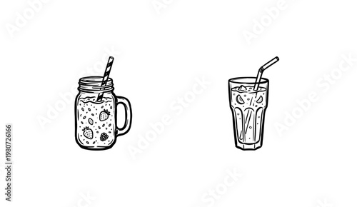 Healthy Fruit Smoothies and Nutritious Blended Drinks in Hand-Drawn Inky Brush Style