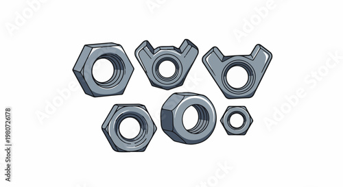 Six metal nuts, three hexagonal, three wing nuts, on a white background