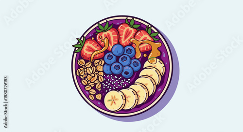 A vibrant bowl filled with colorful fruits, granola, and a drizzle of honey