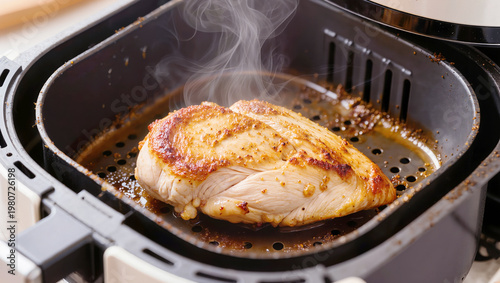 Roasted chicken breast cooking in modern air fryer, juicy poultry with steam, healthy low-fat cooking process, home kitchen appliance, and food preparation concept