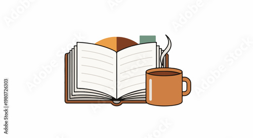 Open book with blank pages next to a steaming coffee cup