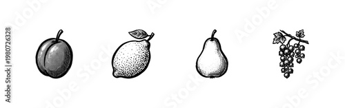 Garden Fruit and Berry Harvest Elements with Hand-Drawn Painterly Aesthetic and Rich Inky Brush Strokes