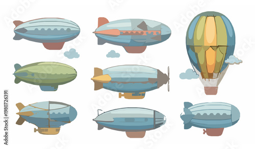 Cartoon Passenger Airship Zeppelin Collection Cute Colorful Blimps Flat Vector Isolated on White