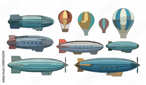 Colorful Retro Zeppelin Airship Set Flat Vector Passenger Blimp Collection Isolated on White Background