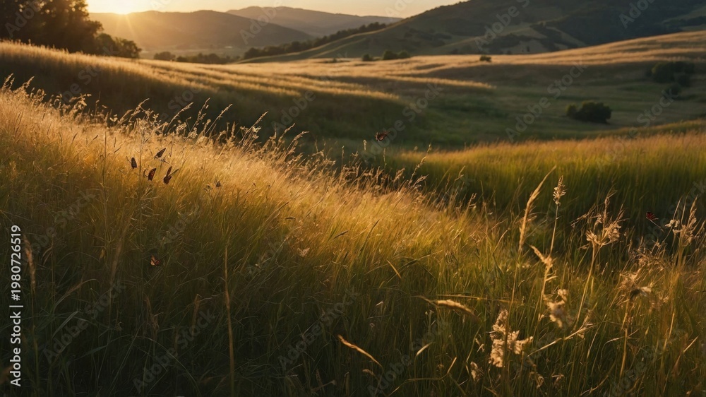 Fototapeta premium Serene sunset over rolling hills with golden grass, showcasing nature's beauty and tranquility