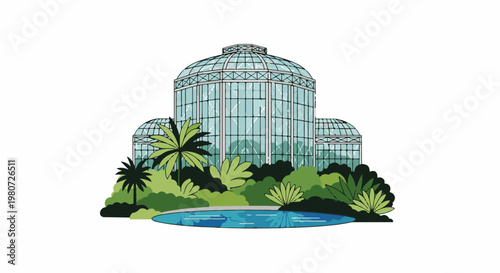 Ornate glass building with tropical plants and reflective pool